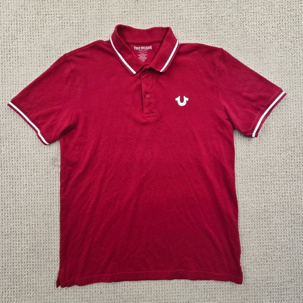 True Religion Red Short Sleeve Polo‎ Shirt Horseshoe Logo Mens Large *READ